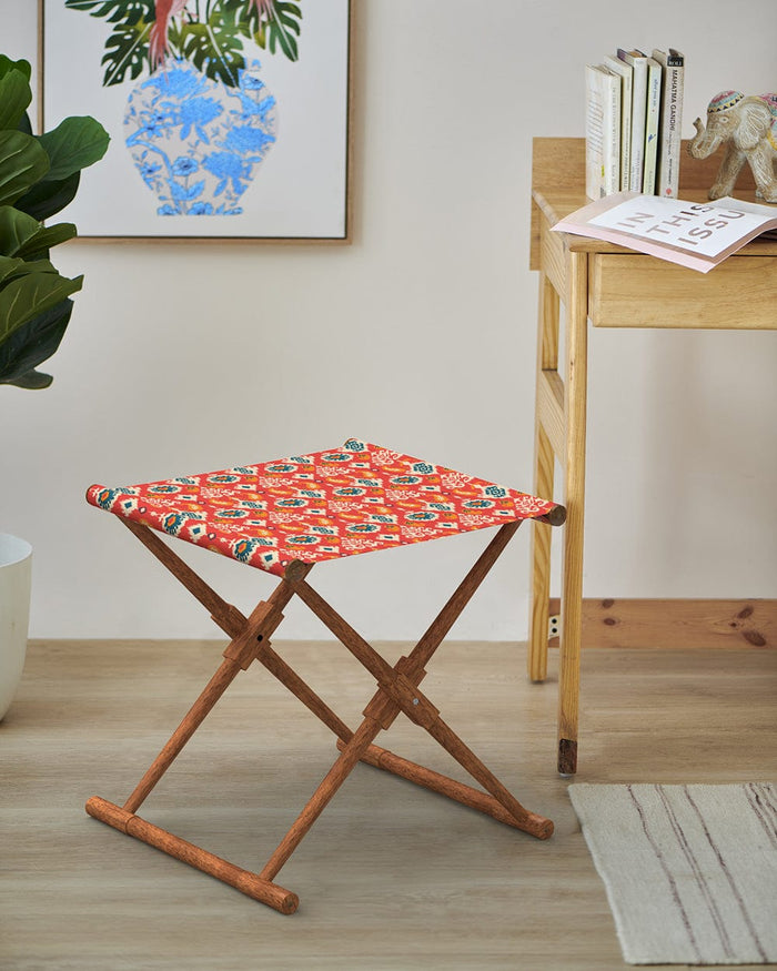 Chumbak Bistro Folding Bench - Red Ikkat