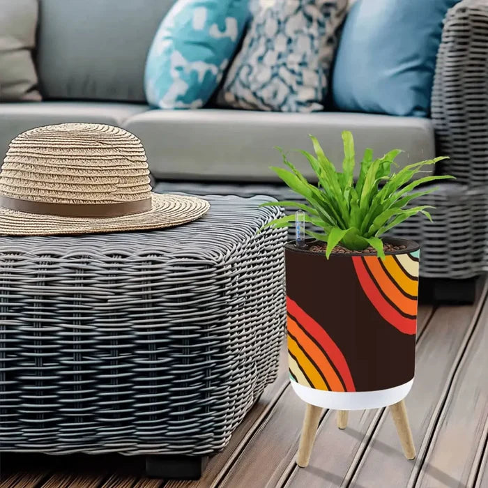 Black Orange Yellow 70s Scandi Style Plant Pot with Wooden Legs - Home Accessories