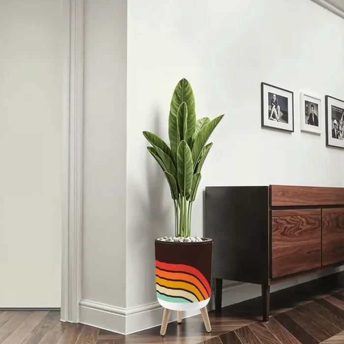 Black Orange Yellow 70s Scandi Style Plant Pot with Wooden Legs - Home Accessories