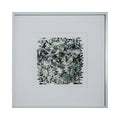 The artwork 'Bloom' by Kiana Honarmand features an intricate mosaic pattern created from hand-cut and woven giclee prints. Abstract black, white, and gray geometric shapes form a complex pixelated composition with subtle yellow accents. The 16x16 inch piece is presented in a minimalist white frame, creating a contemporary digital-meets-traditional aesthetic.