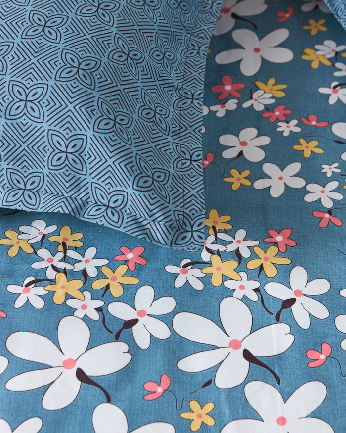 Blue Bloom -  Queen Size Bedsheet Polycotton