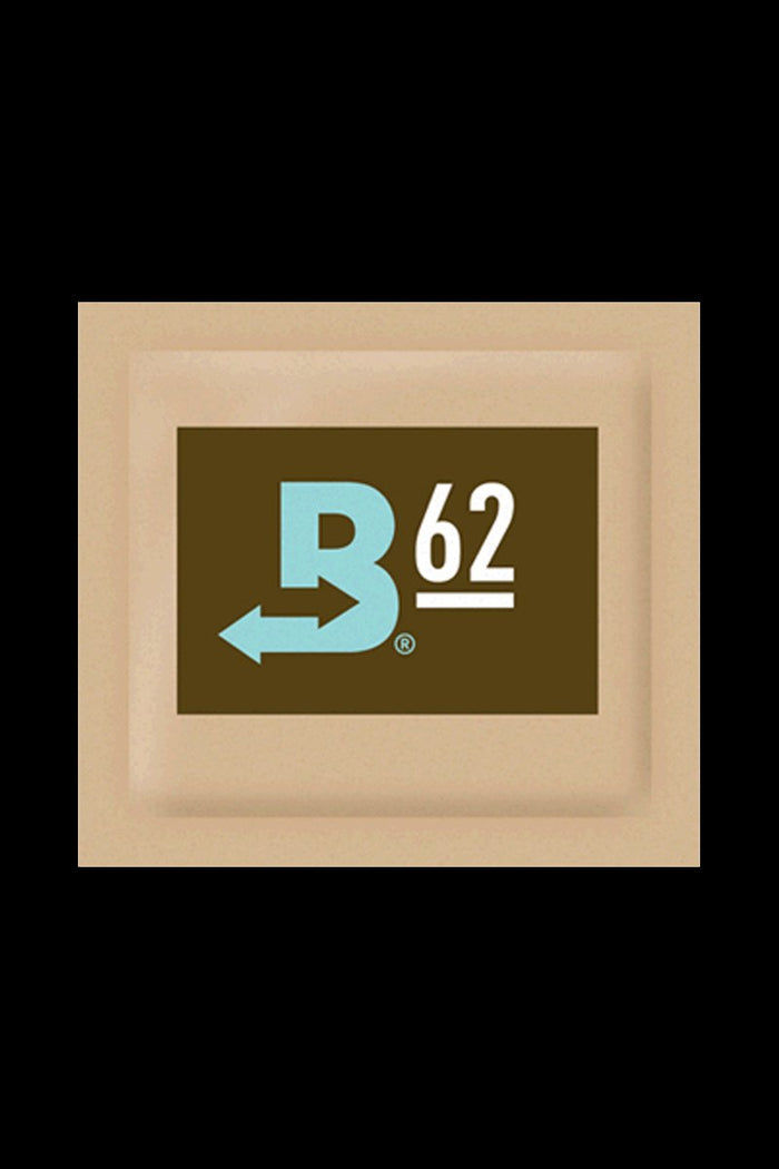 Close-up of the Boveda Humidity Control Pack for Dry Herbs - 62% with bold white text on a dark background.
