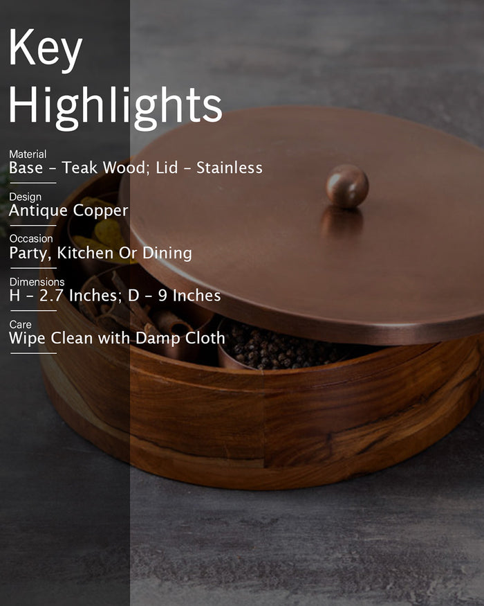Classic Acacia Wood Masala Box - Copper