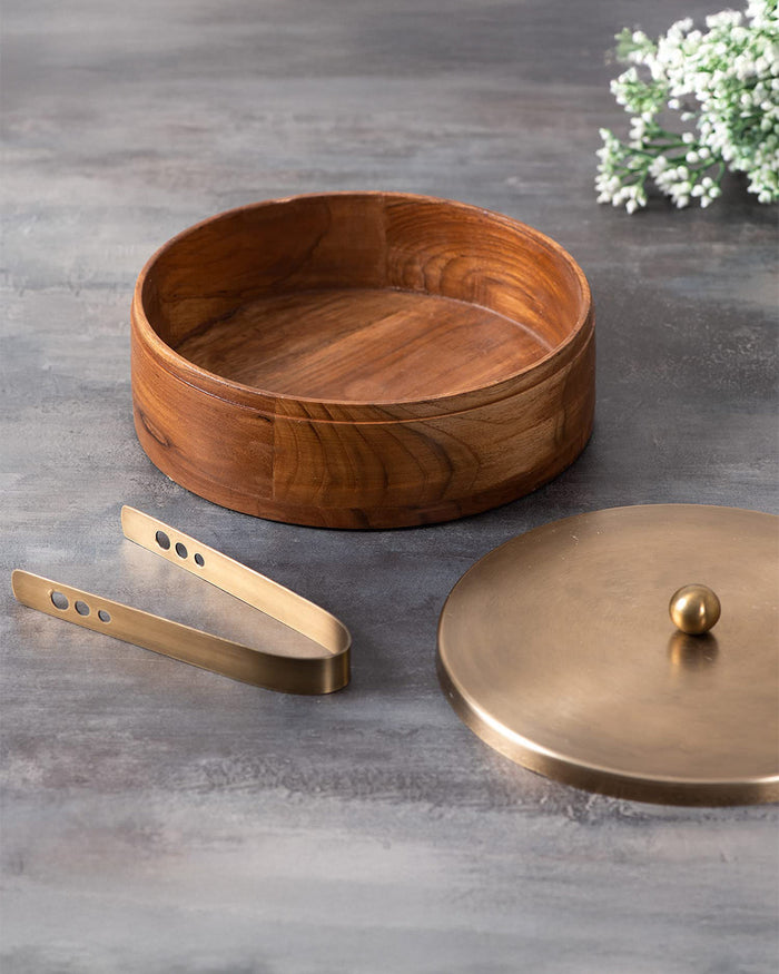 Classic Acacia Wood Roti Box with tong - Gold