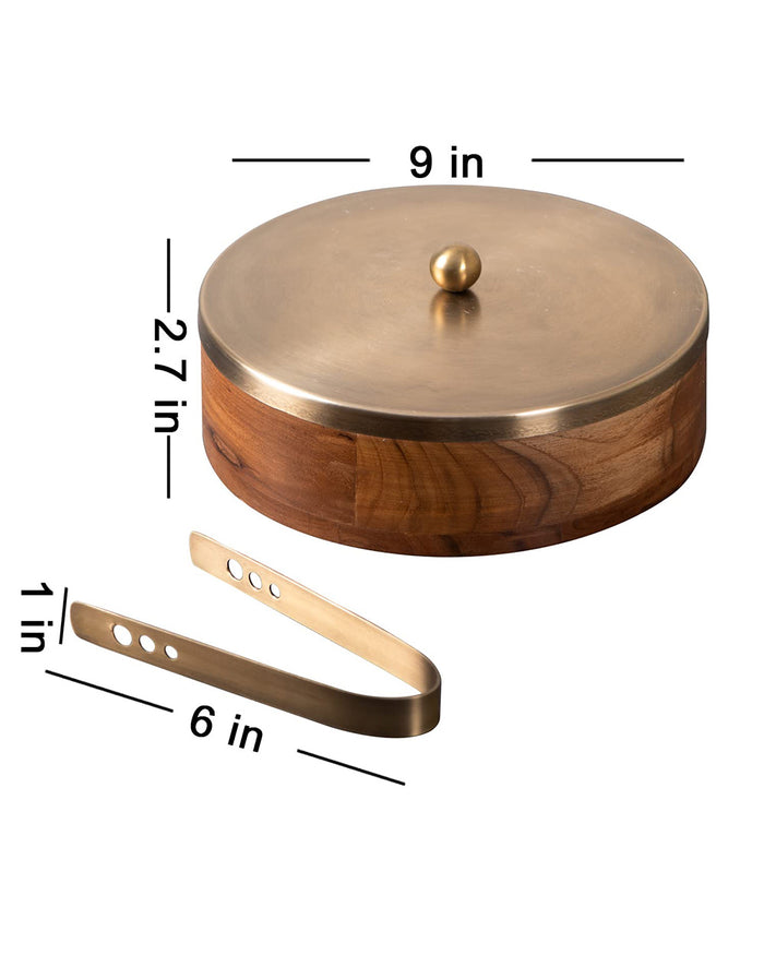 Classic Acacia Wood Roti Box with tong - Gold
