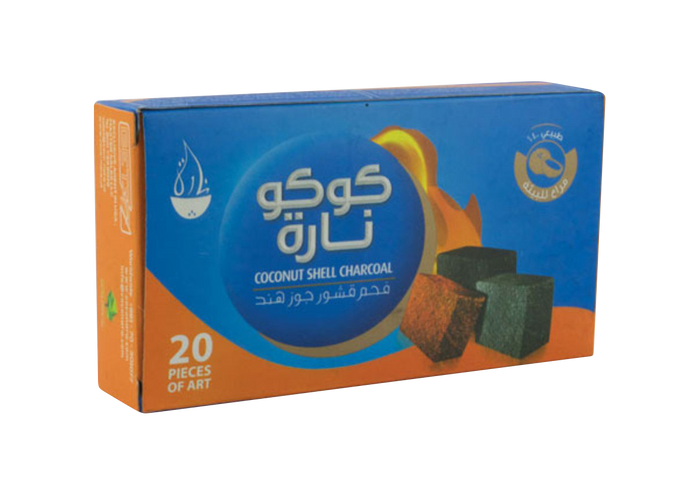 A front view of the 20-pack Coco Nara Hookah Charcoal box with Arabic text and branding details.