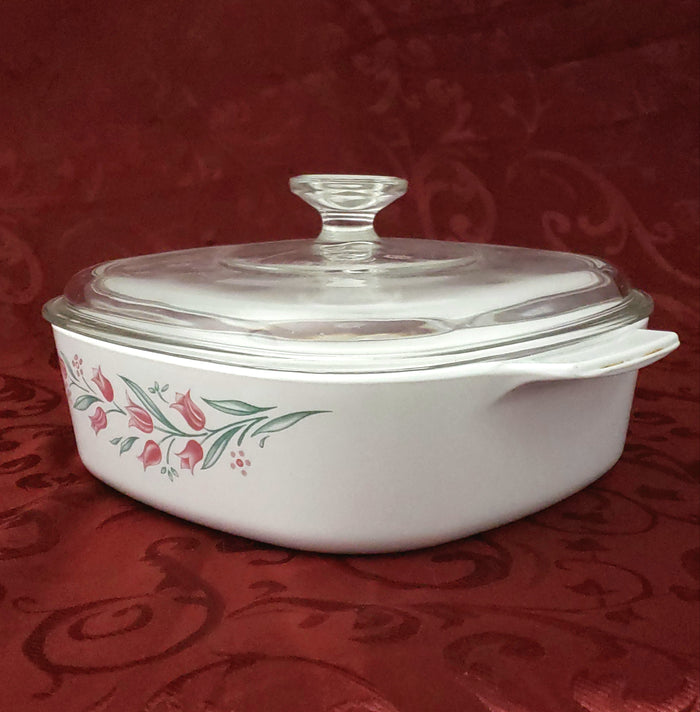 Corning Ware Square Casserole Dish 2 Quart "Rosemarie" Tulips Bakeware with Pyrex Glass Lid