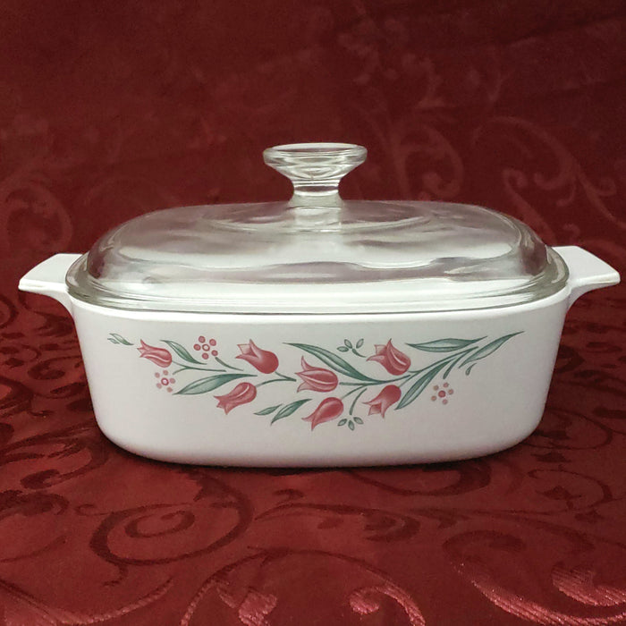 Corning Ware Square Casserole Dish 2 Quart "Rosemarie" Tulips Bakeware with Pyrex Glass Lid