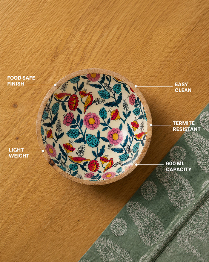 Country Wooden Large Bowl -  Floral, 8”x 8” x 3.5”