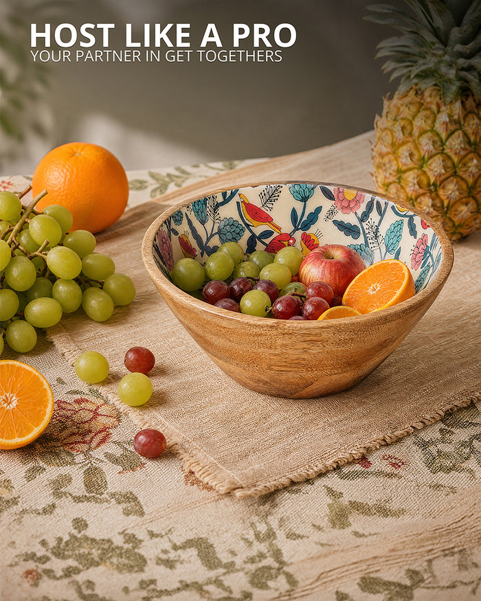 Country Wooden Large Bowl -  Floral, 8”x 8” x 3.5”