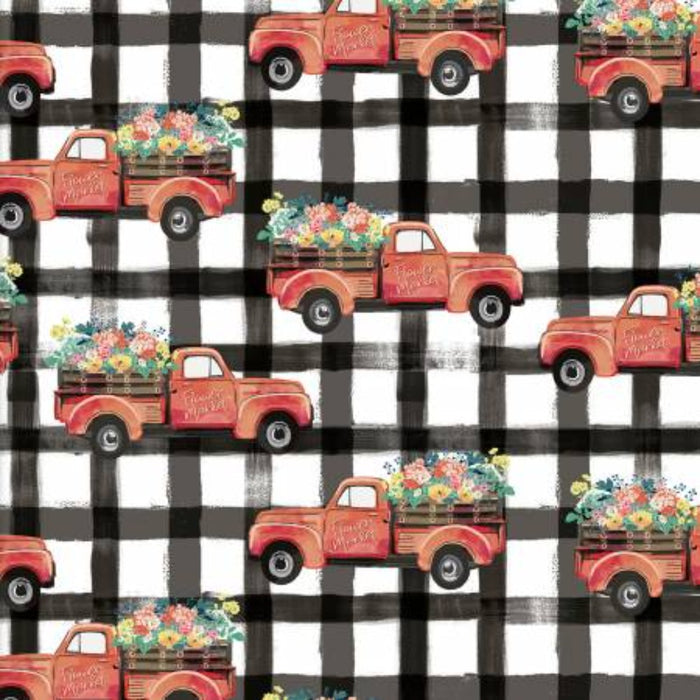 Curtain Valance - Flower Junction Trucks On Gingham Cotton