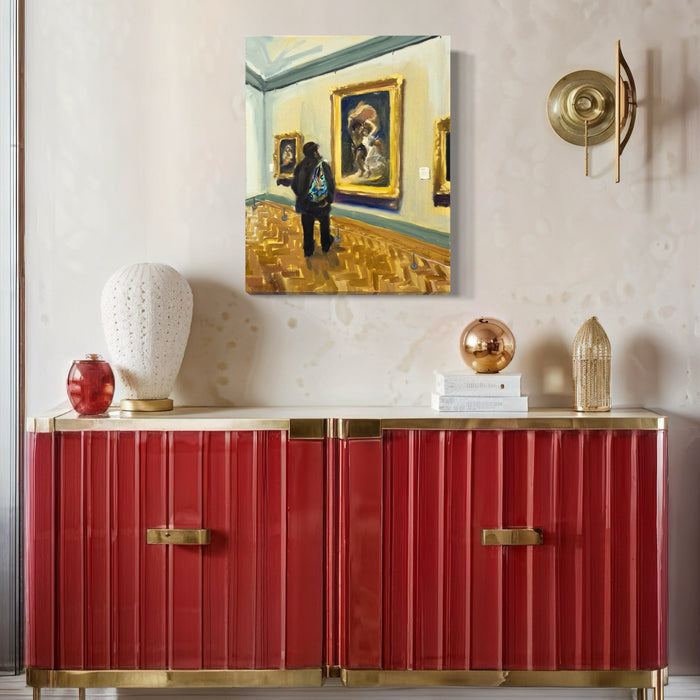 The artwork 'dave walking around with a hard drive in my baggu' depicts a gallery scene with a figure wearing a dark backpack viewing classical paintings on blue-tinted walls. The parquet floor features intricate geometric patterns in warm golden tones. Oil on canvas painting mounted above a contemporary red and gold-trimmed credenza. By Jillian Shea.