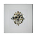 The artwork 'Diadem' by Kiana Honarmand features a fragmented circular composition of hand-cut and woven giclee prints. The design creates a mosaic-like pattern in neutral tones of beige, brown, and black, arranged in a geometric formation against a crisp white background. The 18x18 inch piece showcases a pixelated, deconstructed aesthetic with overlapping strips creating depth and dimension.