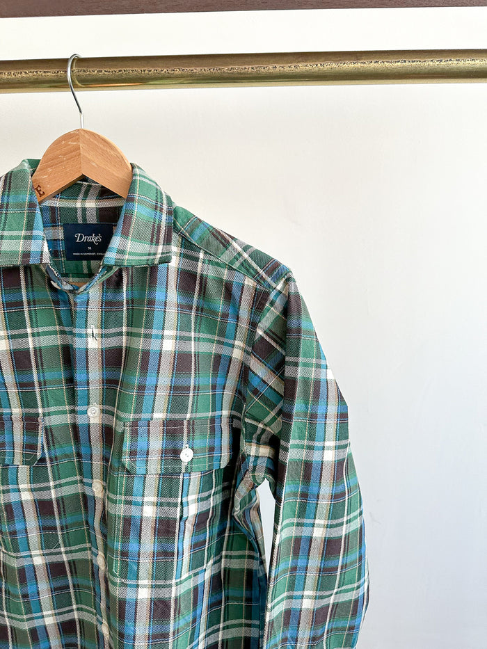 Drake's Check Heavyweight Cotton Green White Work Shirt Jacket - House Of Huntington