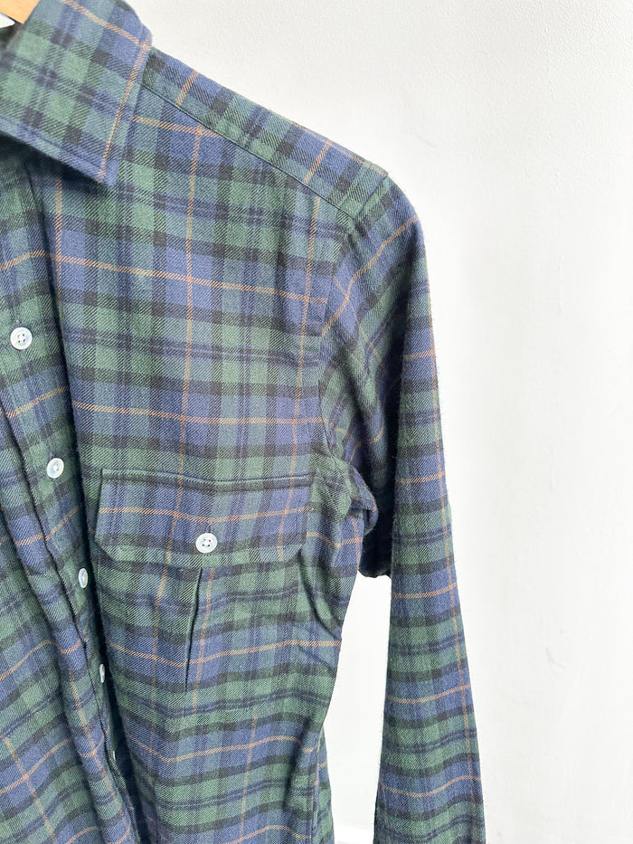 Drake's Green Blue Checked Brushed Cotton Lumberjack Work Shirt - House Of Huntington