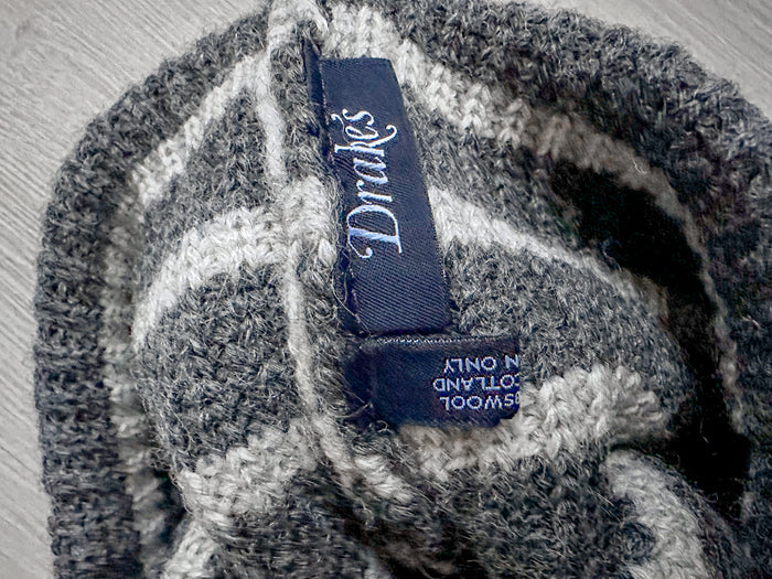 Drake's Grey Striped Lambswool Beanie Hat - House Of Huntington