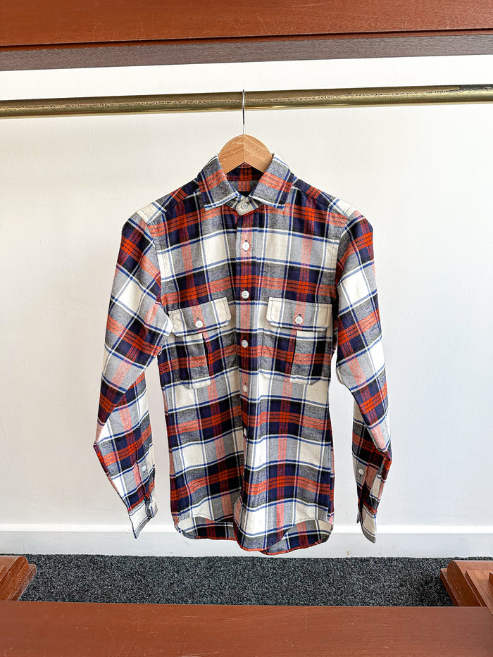 Drake's Milk White Navy Red Check Twill Work Shirt Overshirt - House Of Huntington