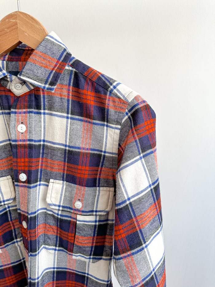 Drake's Milk White Navy Red Check Twill Work Shirt Overshirt - House Of Huntington
