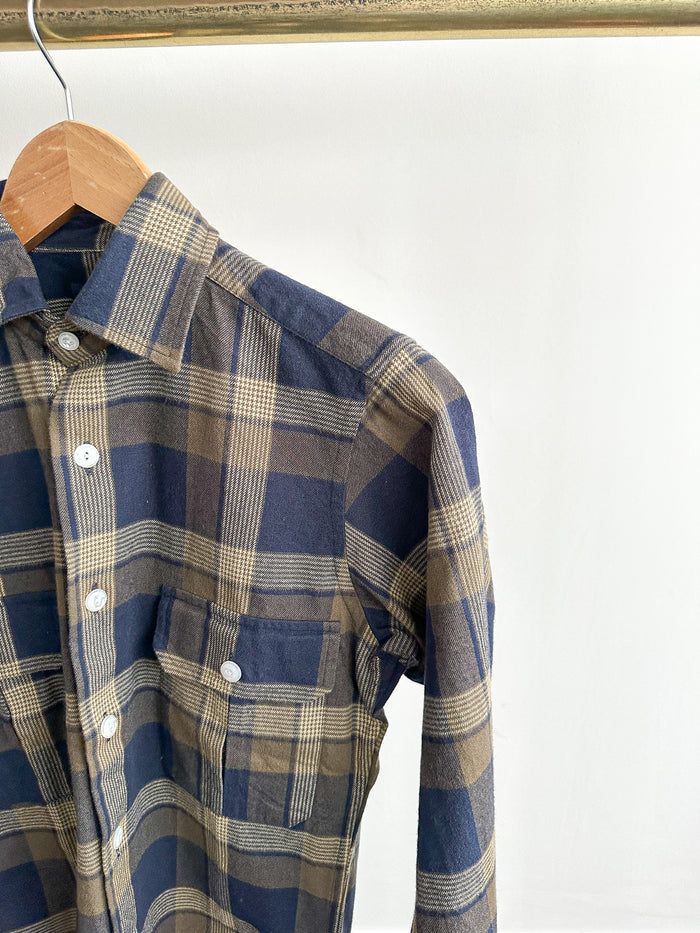 Drake's Navy Blue Checked Flannel Lumberjack Work Overshirt - House Of Huntington