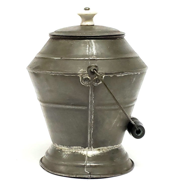 Early 8" Tin Pail w/ Porcelain Knob & Soldered Seams - Unique Shape