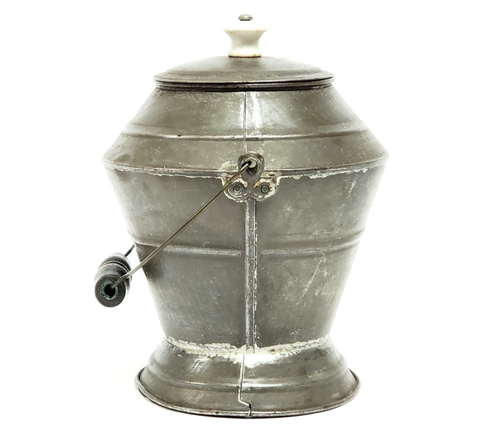 Early 8" Tin Pail w/ Porcelain Knob & Soldered Seams - Unique Shape