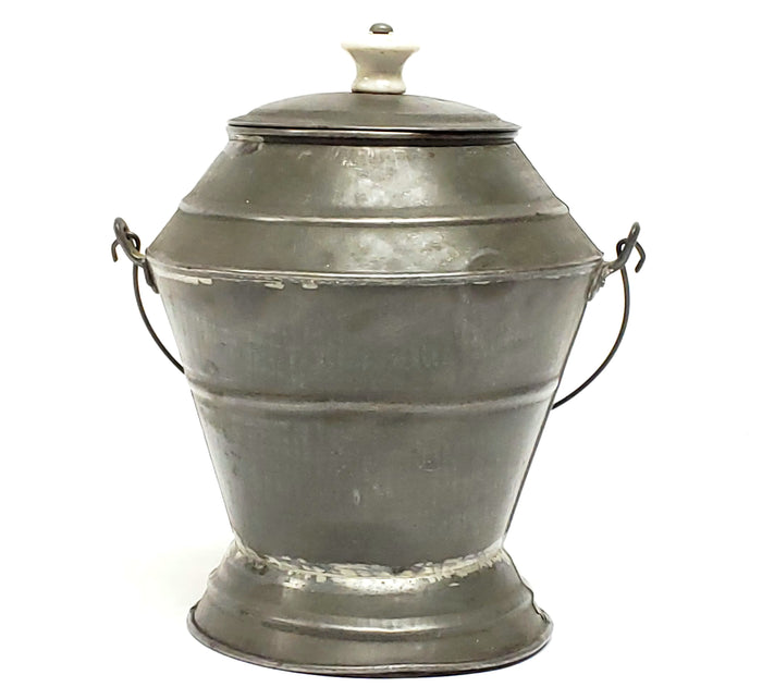 Early 8" Tin Pail w/ Porcelain Knob & Soldered Seams - Unique Shape