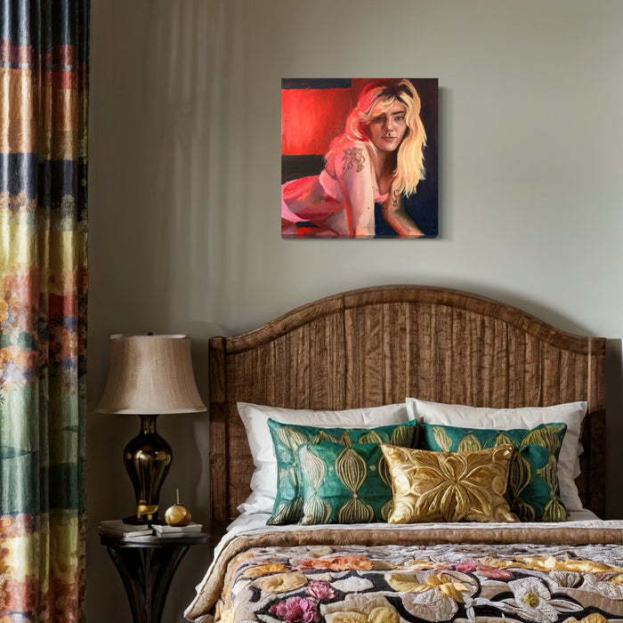 The artwork 'Electric Red' by Jillian Shea features a contemporary oil painting on canvas with vibrant red tones dominating the composition. The painting showcases expressive brushwork and dynamic color contrasts against a deep background. The 20x20 inch square format creates a striking visual presence with bold artistic technique and modern aesthetic by Jillian Shea.