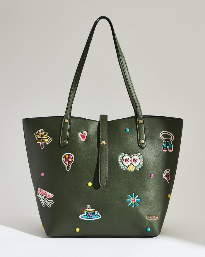 Embroidered Tote | Travel Patches - Olive