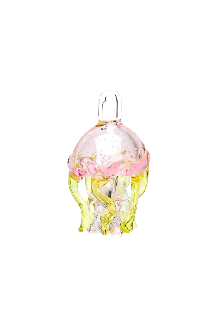 A close-up shot of the Empire Glassworks UV Jellyfish Carb Cap, showcasing its translucent, jellyfish-like form.