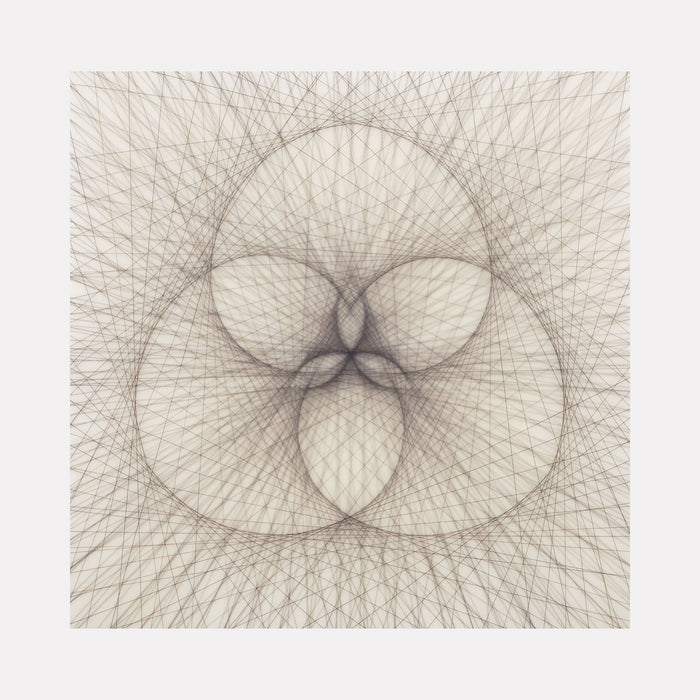 The artwork 'Empty Void 29' by Jayoung Yoon features an intricate geometric pattern created with delicate intersecting lines forming circular shapes. The grayscale composition shows a symmetrical design with overlapping spherical forms creating a central void. The artist's hair and acrylic medium create a web-like texture on panel, measuring 8x8 inches. By Jayoung Yoon.