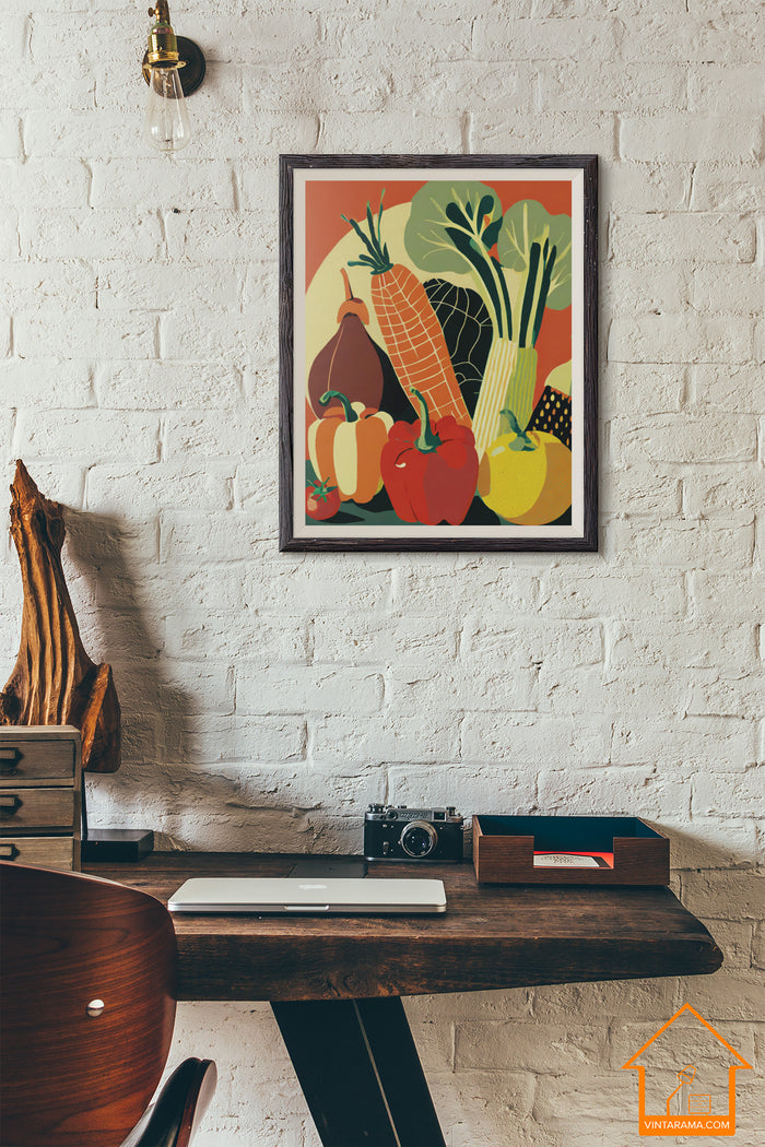 FRAMED Matte Poster 70s KITCHEN Still Life VEGETABLES Orange Yellow Green
