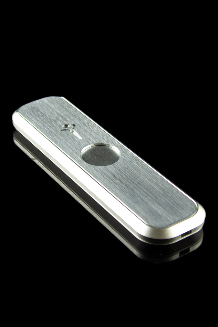 Silver cannabis pipe with a sleek, rectangular design and reflective surface.