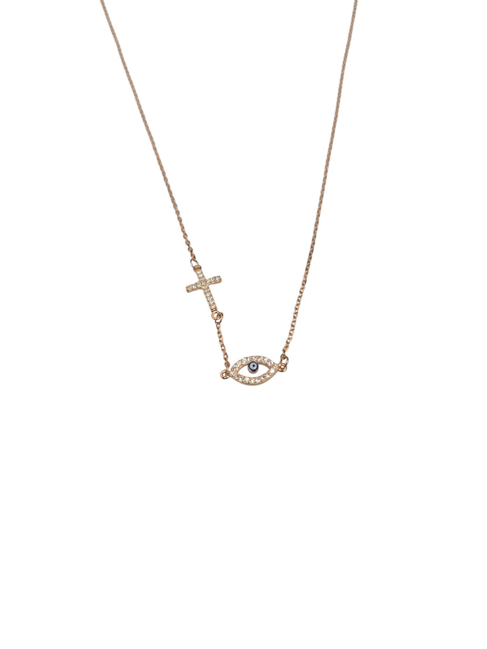 Gold Cross & Evil Eye Necklace