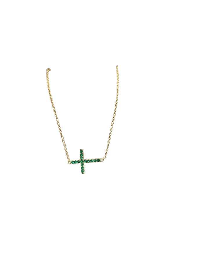 Gold Plated Green Crystal Cross Necklace