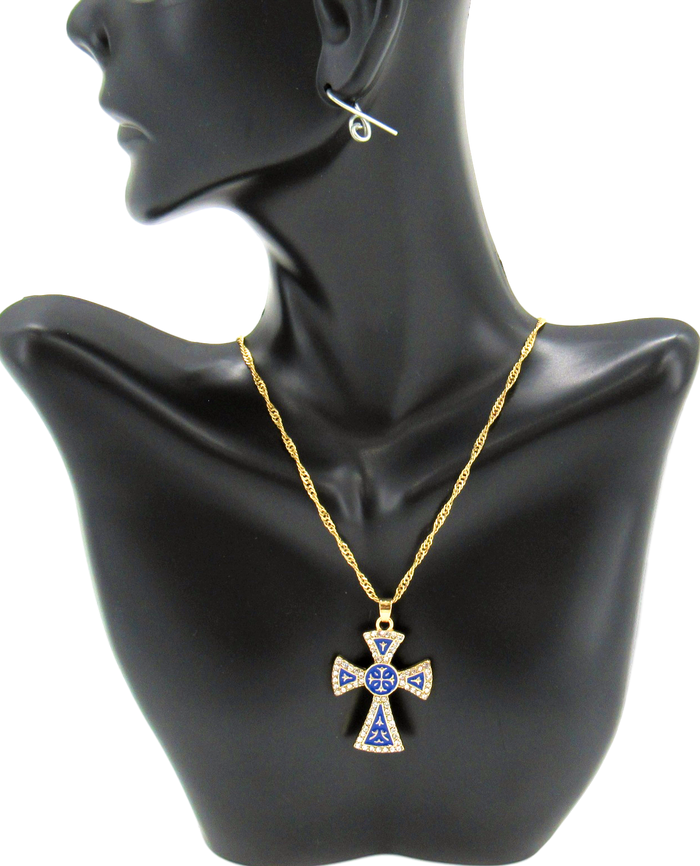 Gold plated Necklace, With Special style Roman Cross, Blue color.