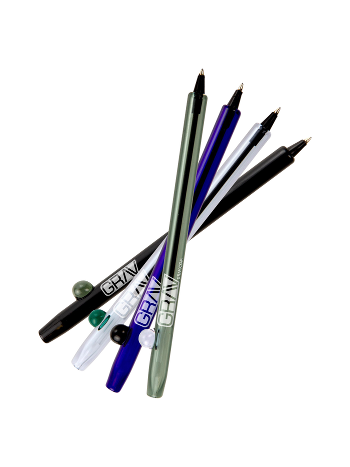 A slightly angled view of ten GRAV® Boro Writing Pens, stacked and displayed against a plain white background.