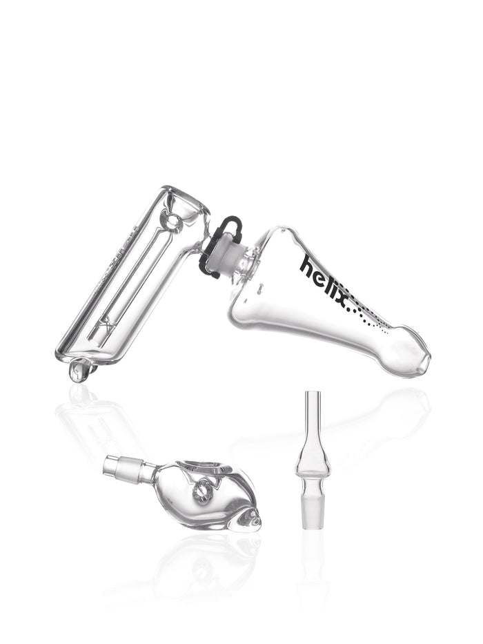 Front view of the GRAV® Helix Bubbler Multi Kit, showing the clear glass bubbler with a unique helix shape.
