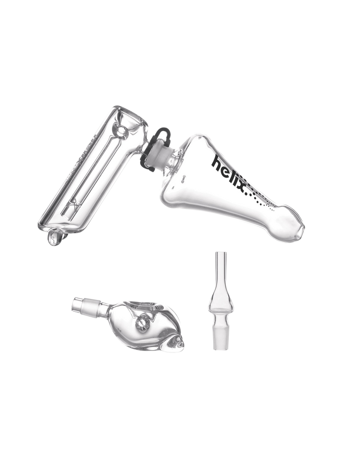 A side view of the GRAV® Helix Bubbler Multi Kit, showcasing its clear glass construction and curved design.