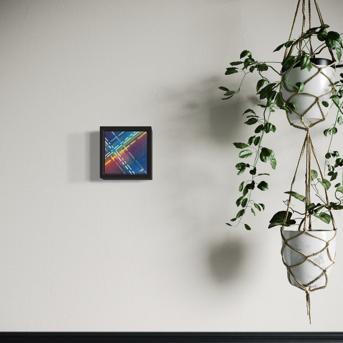 The artwork 'Highline' by Arthur Norcome features vibrant diagonal stripes in watercolor, ranging from deep blue to bright red, creating a dynamic geometric pattern in a black frame. The 5x5 inch piece displays a modern, abstract design with bold color transitions and clean linear elements against a gradient background.