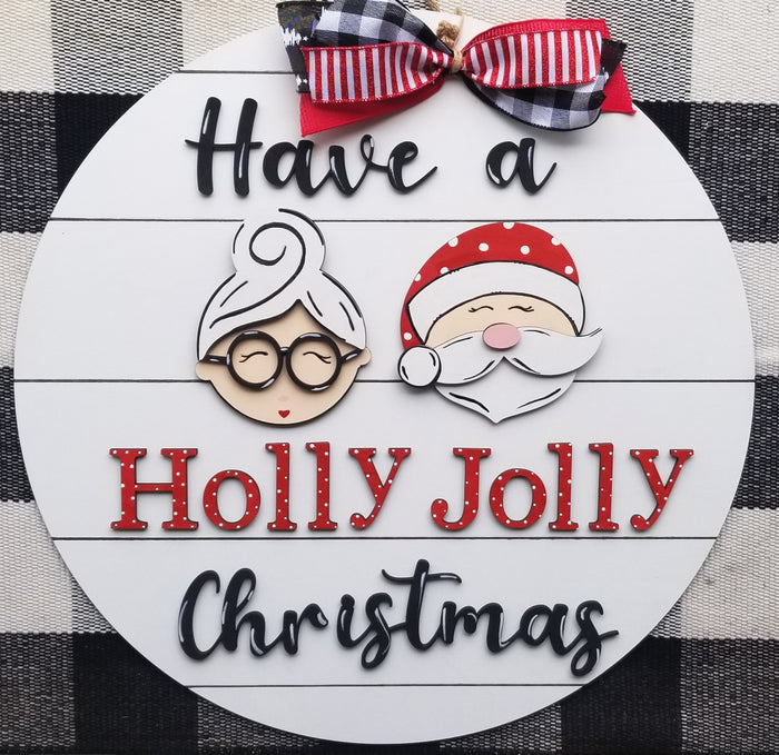 Holly Jolly Santa & Mrs. Claus Christmas Door Hanger