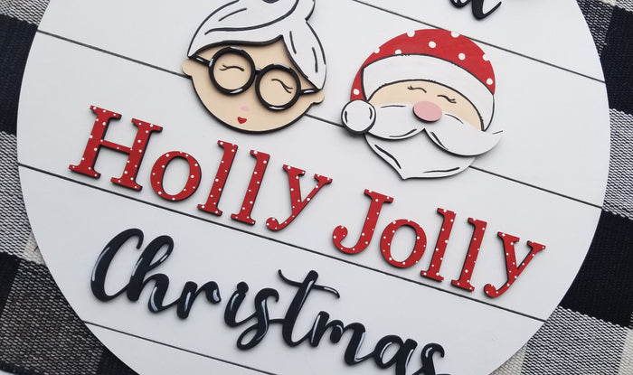 Holly Jolly Santa & Mrs. Claus Christmas Door Hanger