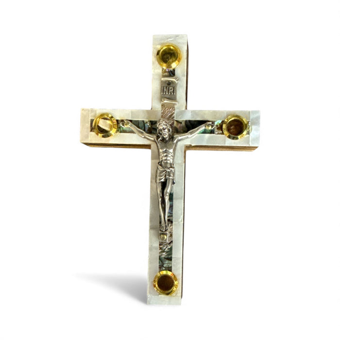 Holy Land Crucifix with Mother of Pearl & Abalone Inlay – Four Relics