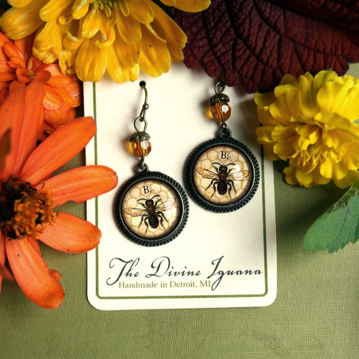 Honey Bees Glass Cabochon Earrings, Handmade in Detroit