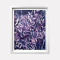 The artwork 'Iced Sky I' by Rachel Kohn features delicate botanical patterns in ethereal purple and pink hues. Flowing leaves and branches create an organic composition against a deep indigo background. The dye and bleach technique creates a dreamy, crystalline effect, with white accents resembling frost or starlight throughout the cotton canvas.