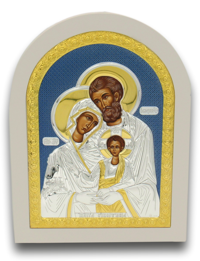 Icon of Holy Family, Stirling silver. White frame