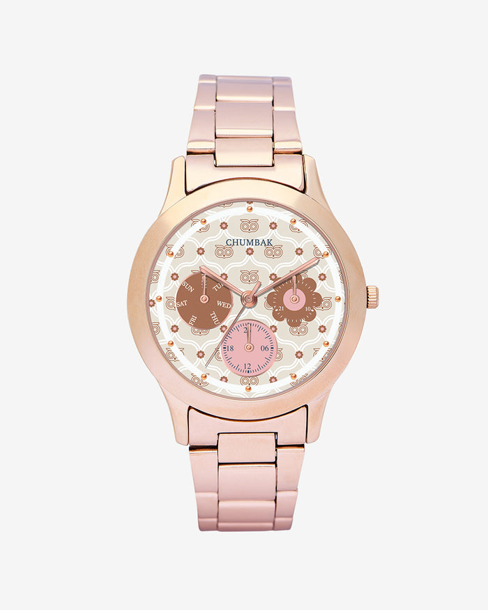 Ivory Owl Monogram Metal Watch | Rosegold with Offwhite Dial