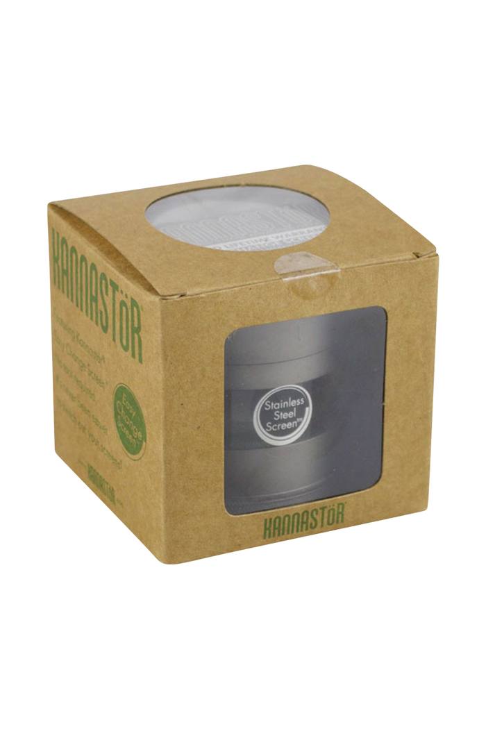 Front view of the Kannastor Gunmetal Multi Chamber Grinder, showcasing its metallic finish and cylindrical shape.