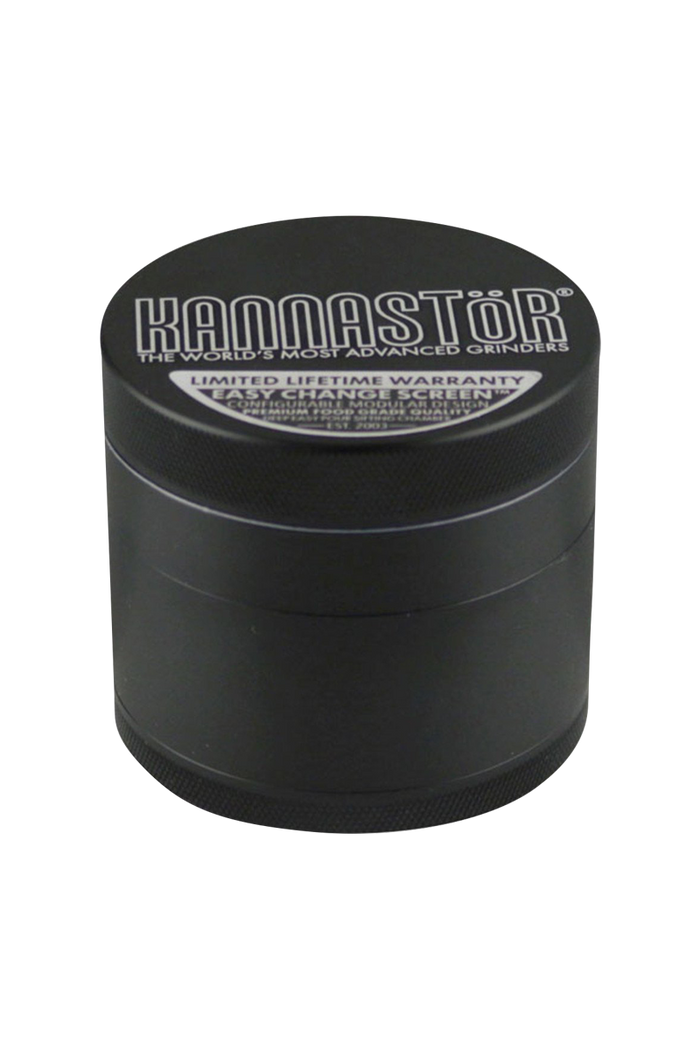 Front view of the Kannastor Multi Chamber 4pc 2.2" Grinder, showcasing its metallic finish and stacked chamber design.