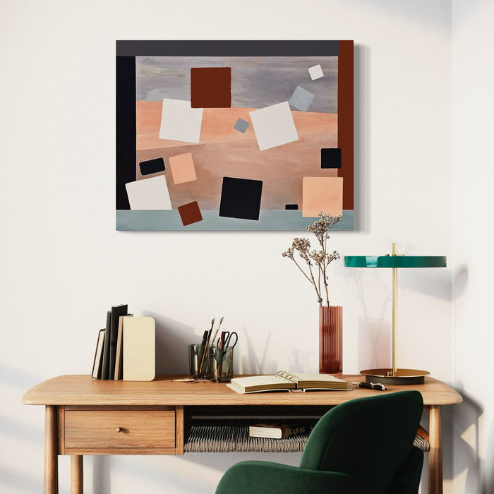 The artwork 'Landscape at Dusk' features an abstract composition of geometric squares in earth tones, black, and white, floating against a muted peach and gray background. The 30x24 inch acrylic painting creates a modern, minimalist interpretation of a twilight scene with scattered forms suggesting depth and movement by Vanessa Ryan.