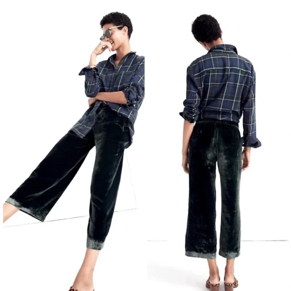 Madewell Huston Green Festive Velvet Pull On Wide Leg Crop Pants Trousers - House Of Huntington